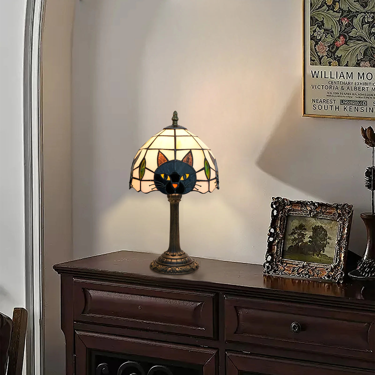 Stained Glass Black Cat Table Lamp
