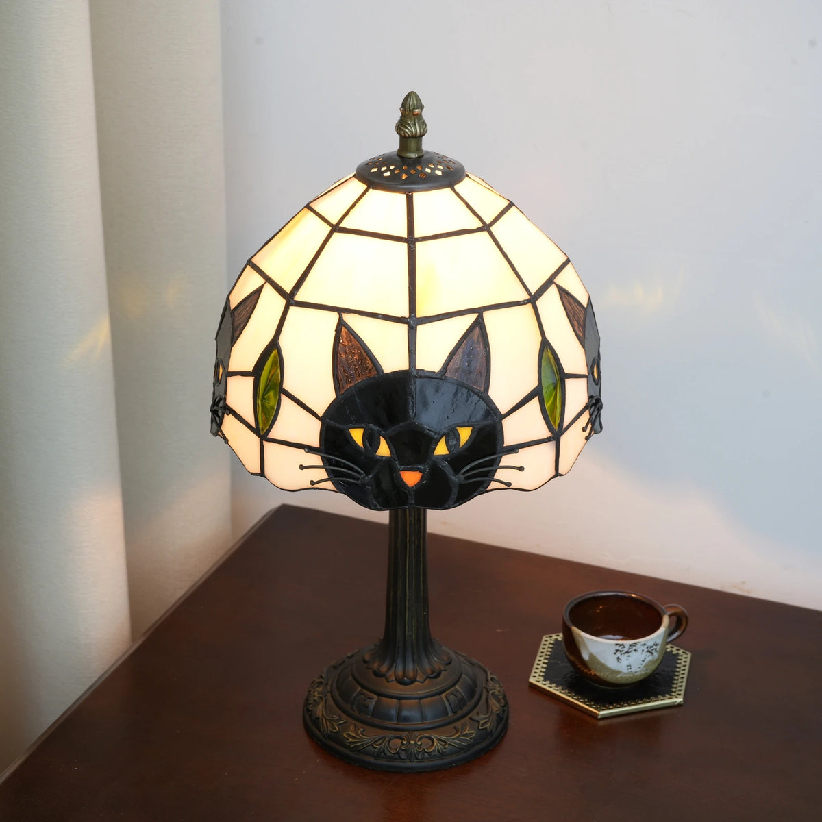 Stained Glass Black Cat Table Lamp