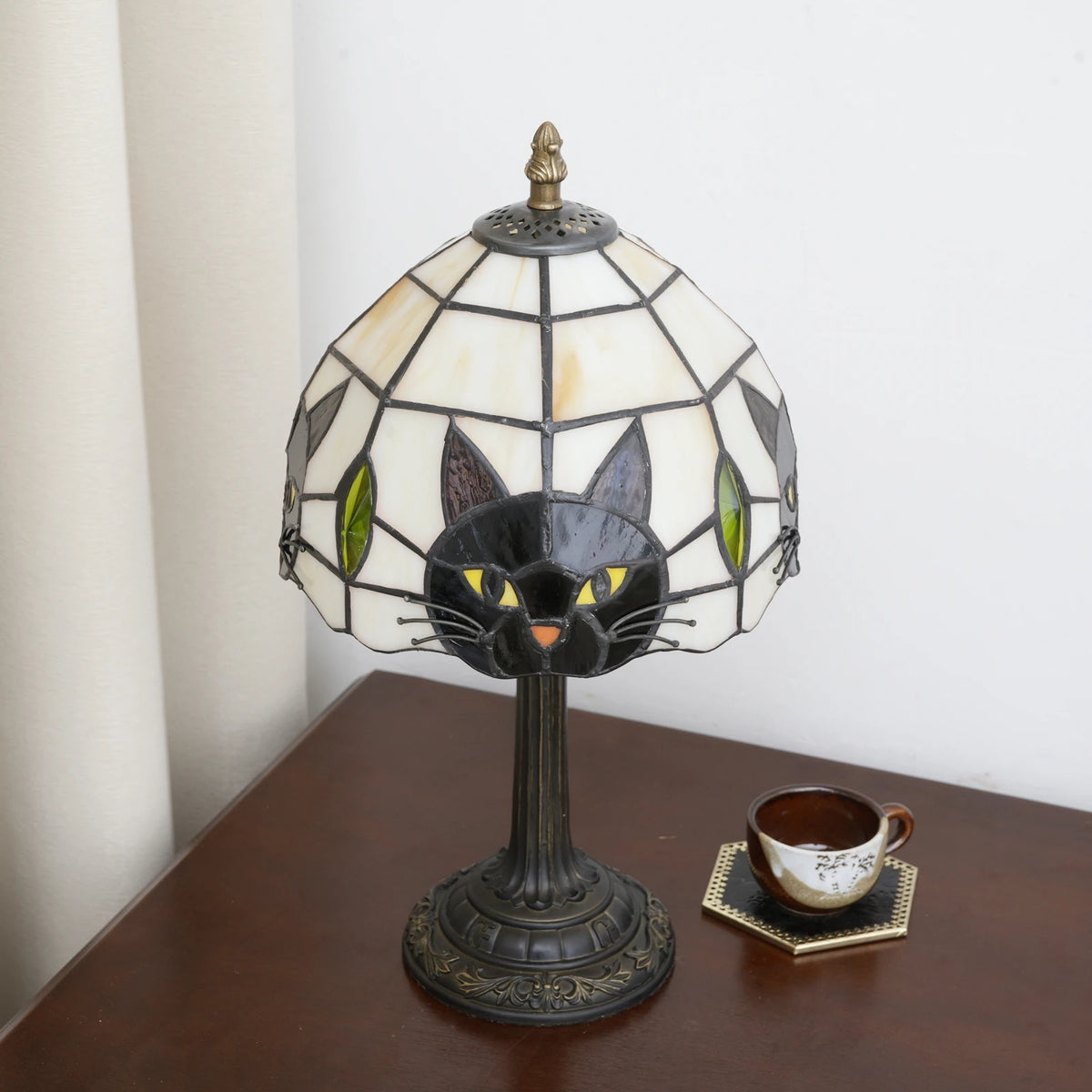 Stained Glass Black Cat Table Lamp